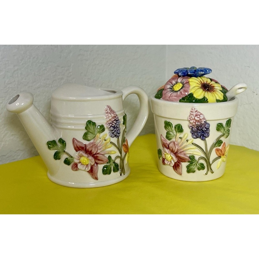 Otagiri Genesco Vintage Floral Watering Can Creamer and Flower Pot Sugar Set